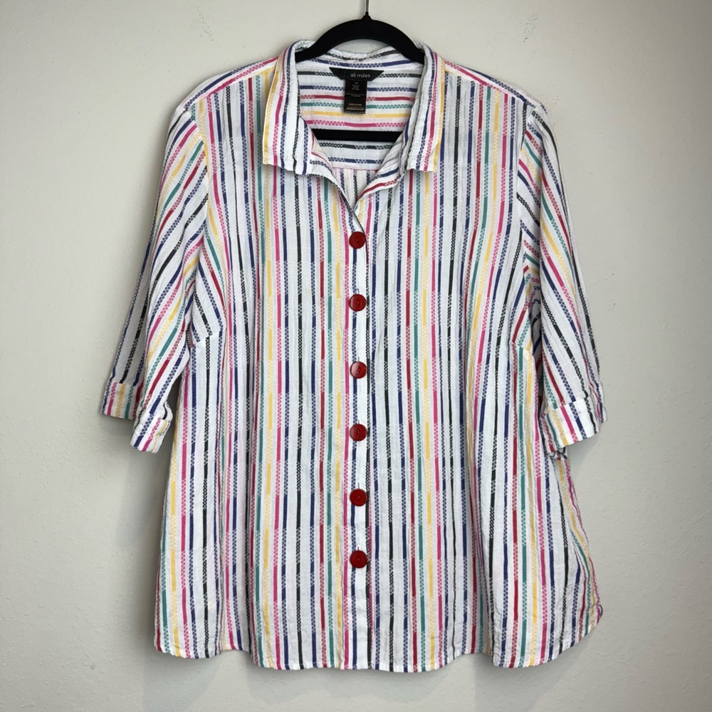Ali Miles 1X Yarn-Dye Textured Multicolor Stripe Wire Collar Button Up Blouse